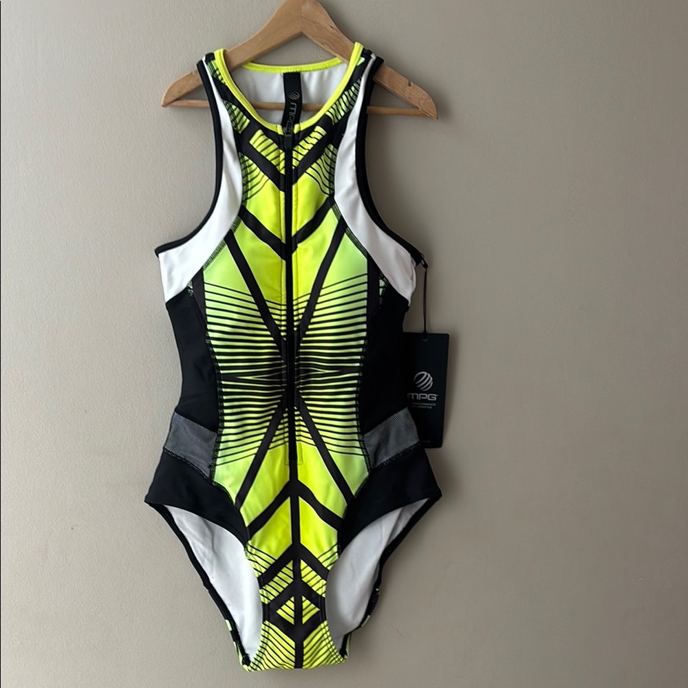 MPG Yellow and Black One Piece Swimsuit Geometric Design size Small